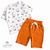 ست لباس بچگانه تیشرت سفید طرحدار اردک و شلوارک نارنجی جیبدار