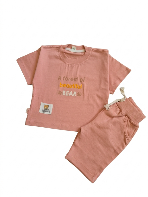 ست تیشرت و شلوارک دخترانه گلبهی رنگ پنبه ای طرح خرس beautiful bear با پس زمینه سفید