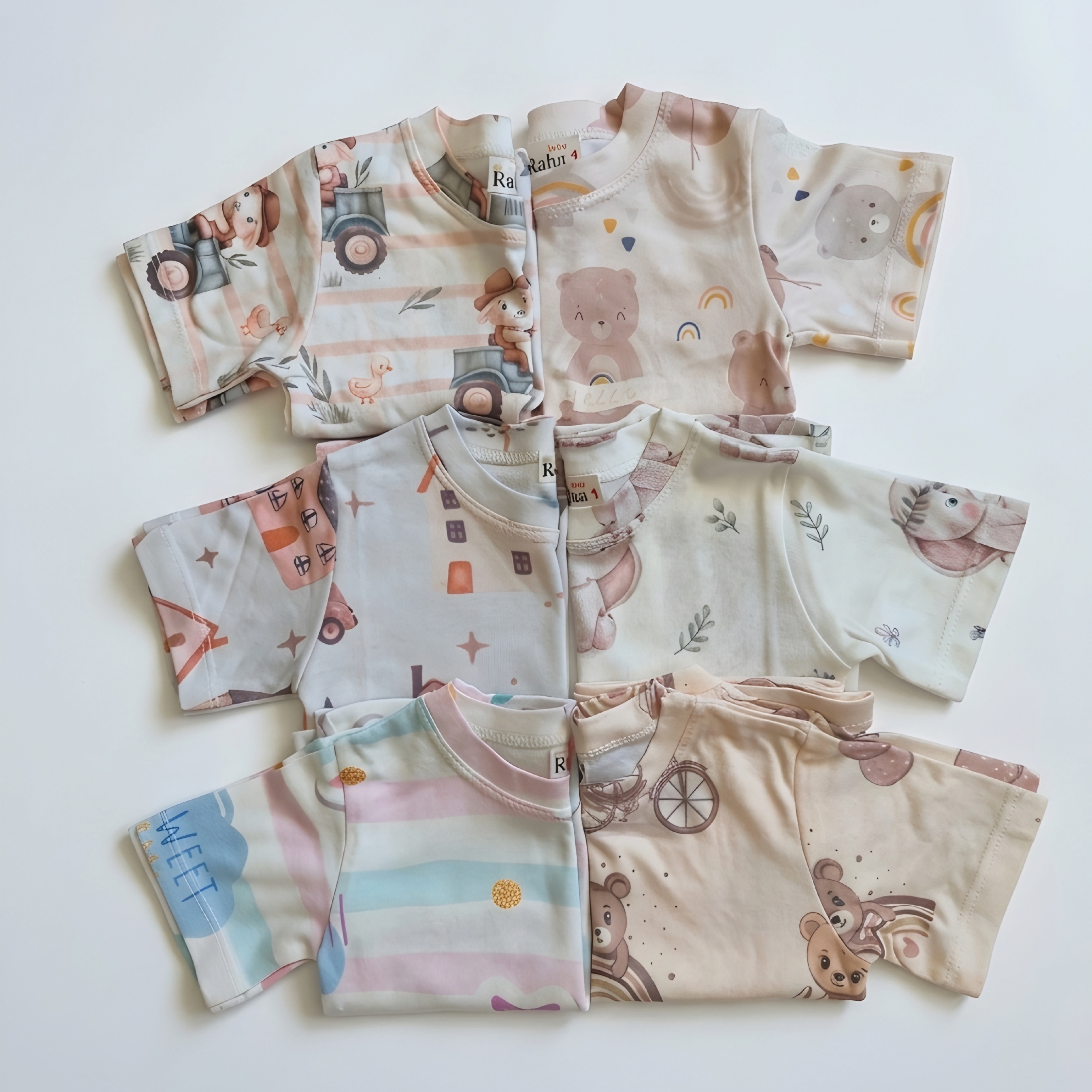 ست تیشرت و شلوارک راحتی بچگانه با طرح‌های عروسکی و فانتزی مناسب کودکان ۱ تا ۵ سال
