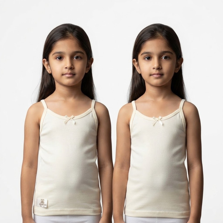 تاپ رکابی نخی بچگانه دخترانه رنگ شیری روشن با پاپیون فانتزی ظریف مناسب سن ۳ تا ۱۲ سال مدل تابستانه خنک
