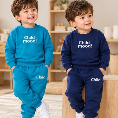 ست بلوز دورس و شلوار بچگانه اسپرت دخترانه و پسرانه طرح چاپی Child mood رنگ سرمهای و فیروزهای مناسب فصل پاییز و زمستان