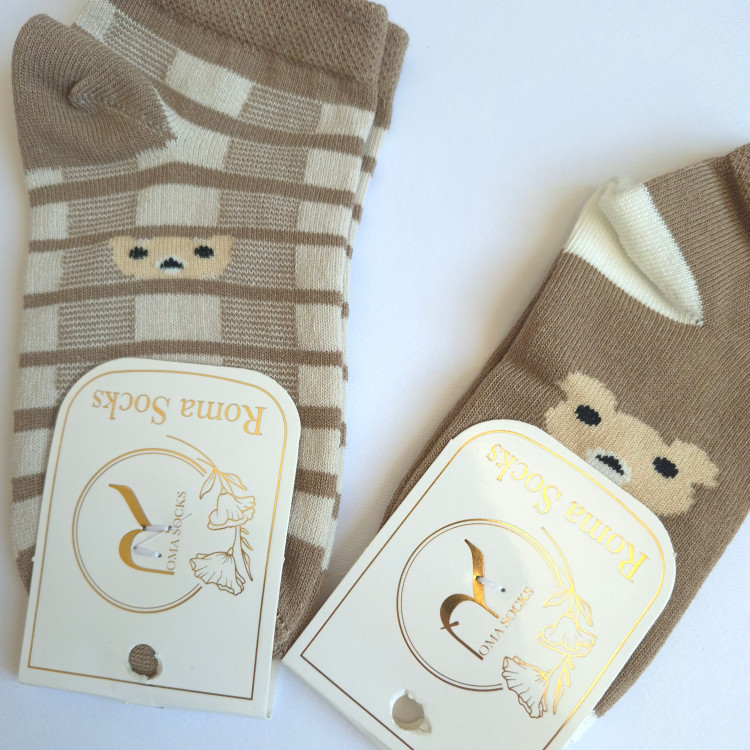 جوراب بچگانه نخی مچ پا برند Roma Socks طرح خرس فانتزی رنگ کرم قهوه ای و راه راه