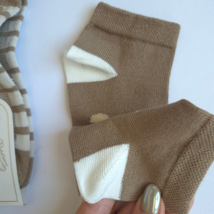 جوراب بچگانه نخی مچ پا برند Roma Socks طرح خرس فانتزی رنگ کرم قهوه ای و راه راه
